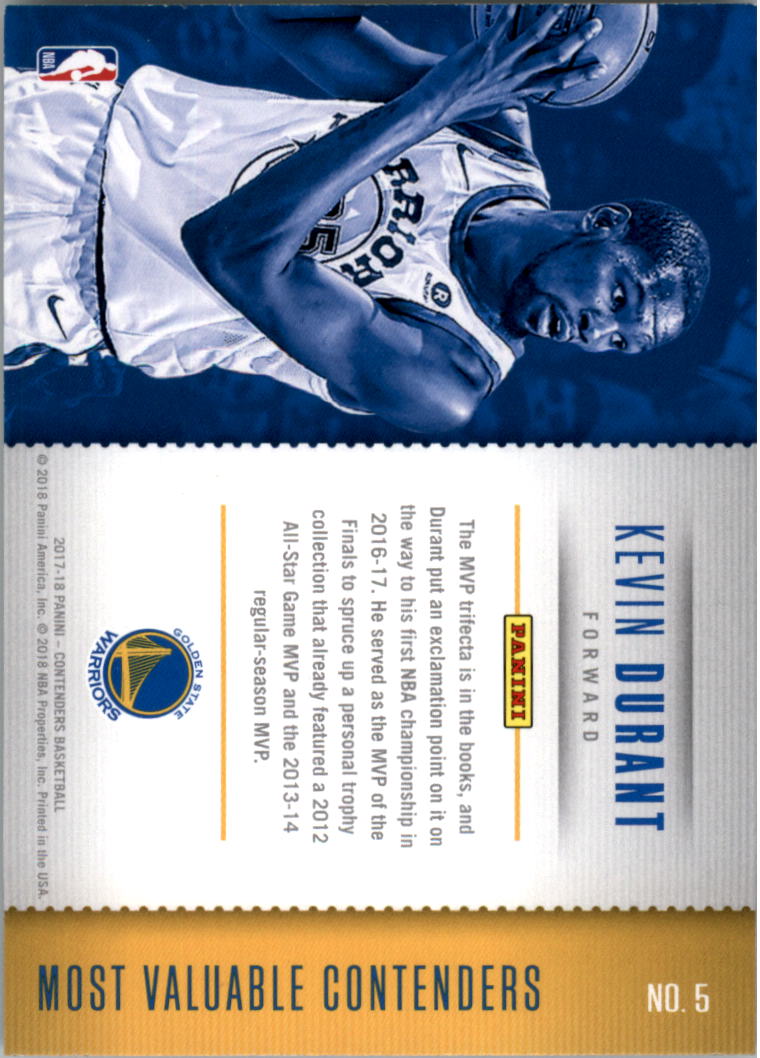 2017-18 Panini Contenders Most Valuable Contenders #5 Kevin Durant back image