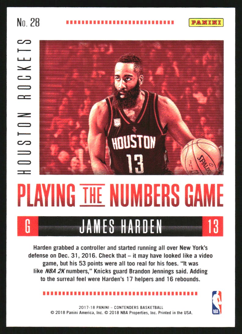 2017-18 Panini Contenders Playing the Numbers Game Cracked Ice #28 James Harden