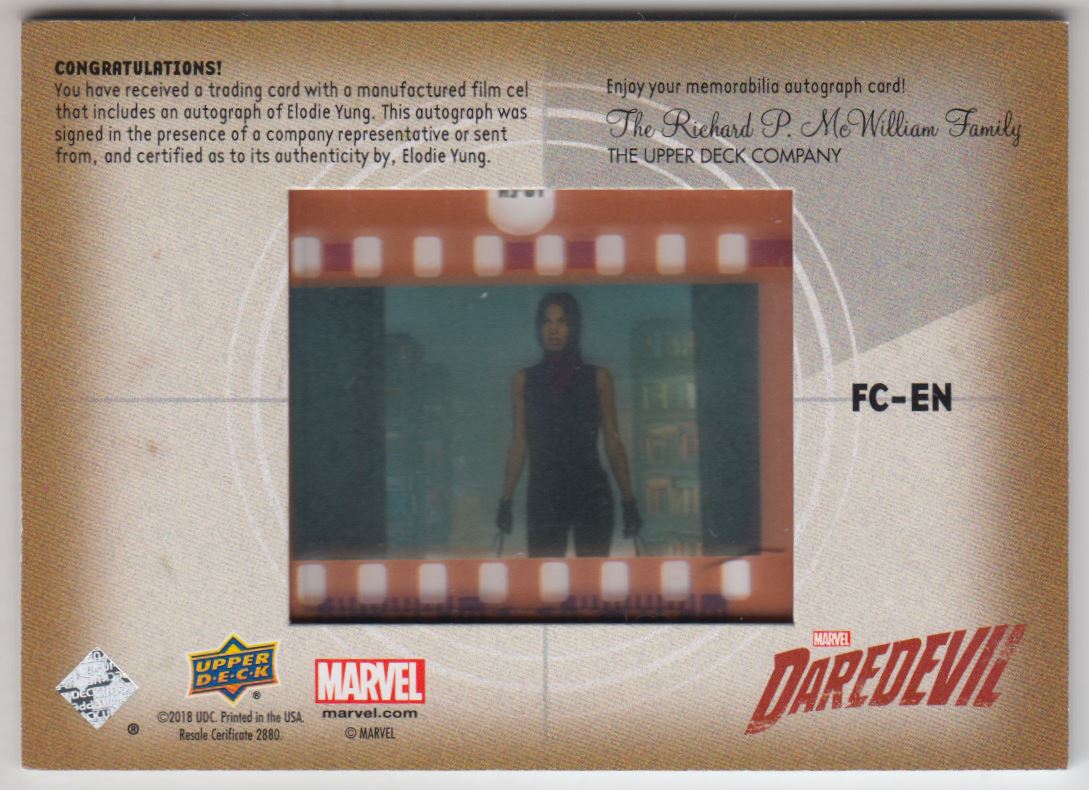 2018 Upper Deck Daredevil Seasons 1 and 2 Autographed Film Cels #FCEN Elodie Yung as Elektra C back image