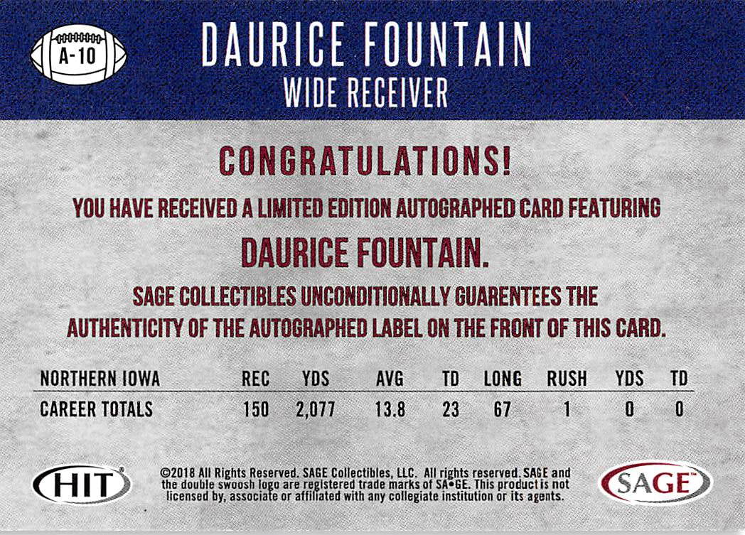 2018 SAGE HIT Autographs Red #A10 Daurice Fountain back image