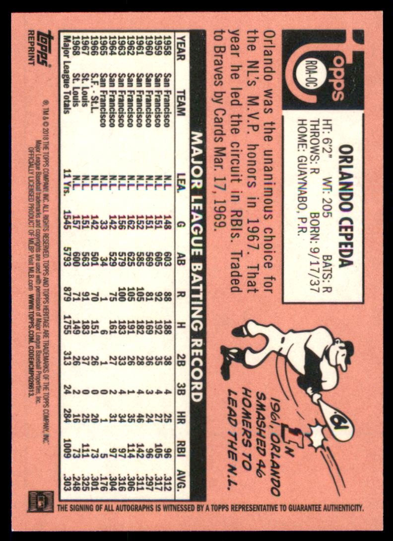 2018 Topps Heritage Real One Autographs Red Ink #ROAOC Orlando Cepeda/69