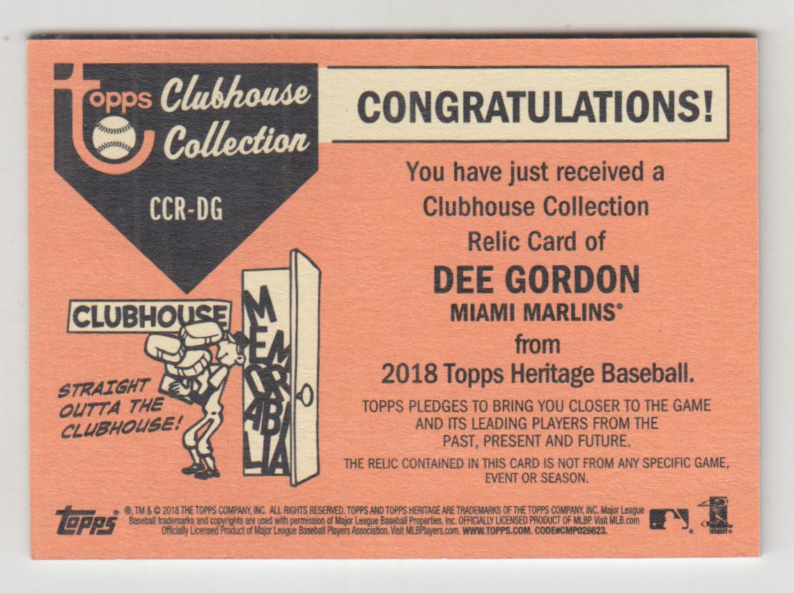 2018 Topps Heritage Clubhouse Collection Relics #CCRDG Dee Gordon back image