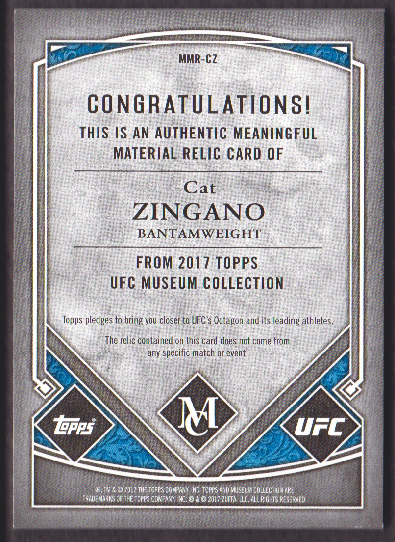 2017 Topps UFC Museum Collection Meaningful Material Relics #MMRCZ Cat Zingano back image