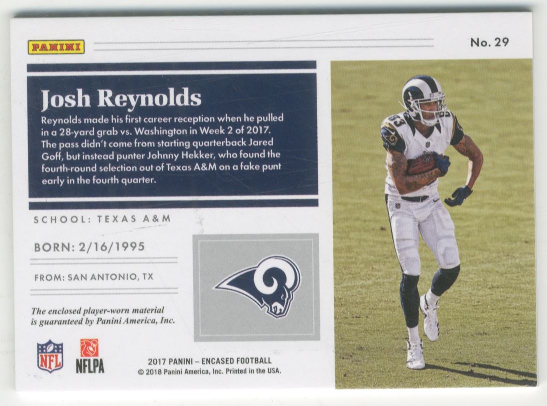 2017 Panini Encased Substantial Rookie Swatches Sapphire #29 Josh Reynolds back image