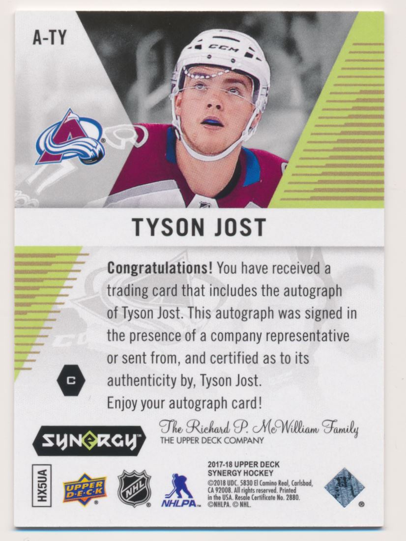 2017-18 Synergy Autographs #ATY Tyson Jost D back image