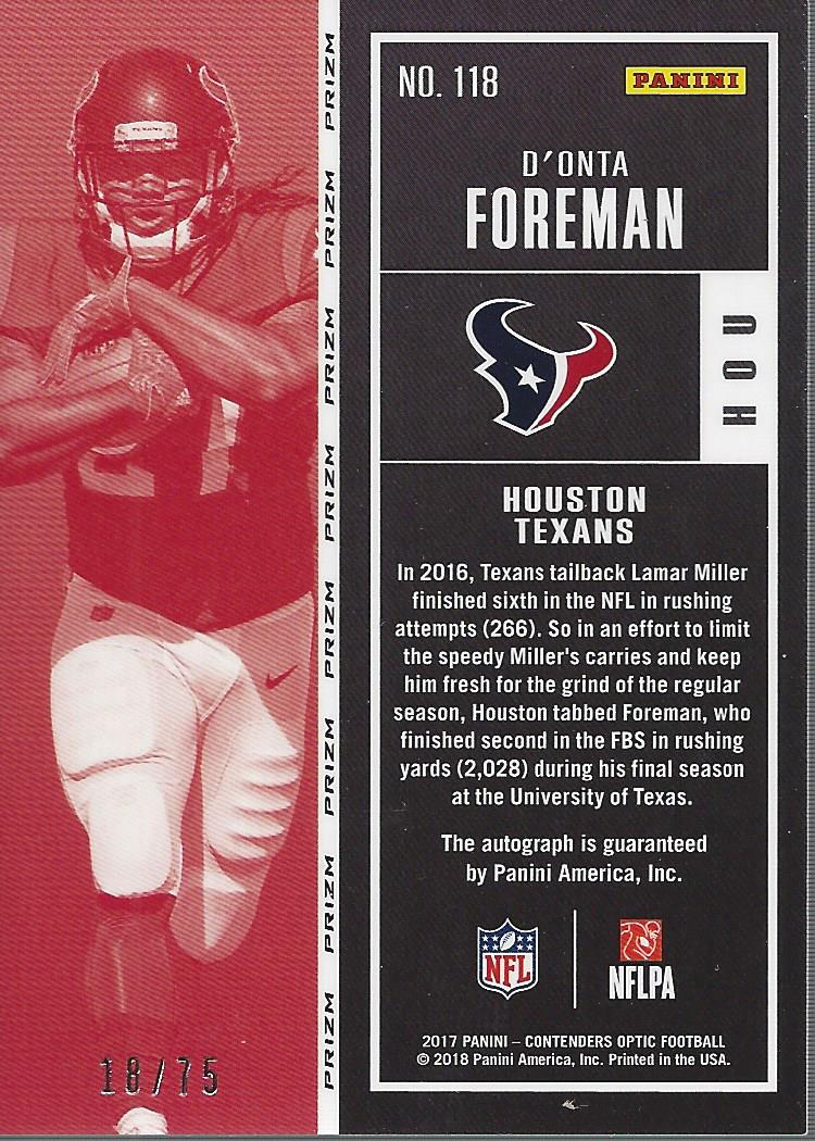 2017 Panini Contenders Optic Red #118 D'Onta Foreman AU/75 back image