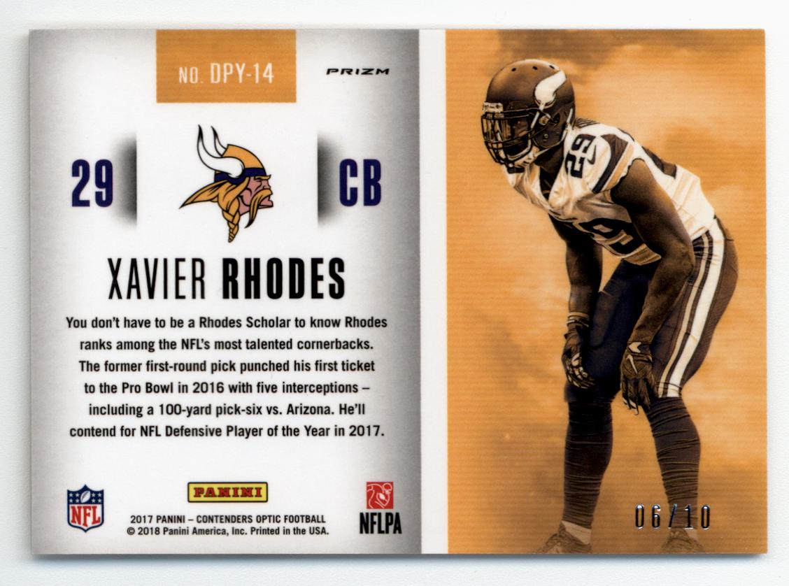 2017 Panini Contenders Optic Defensive Player of the Year Contenders Gold #14 Xavier Rhodes back image