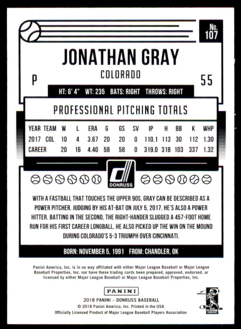 2018 Donruss Career Stat Line #107 Jonathan Gray/337 back image