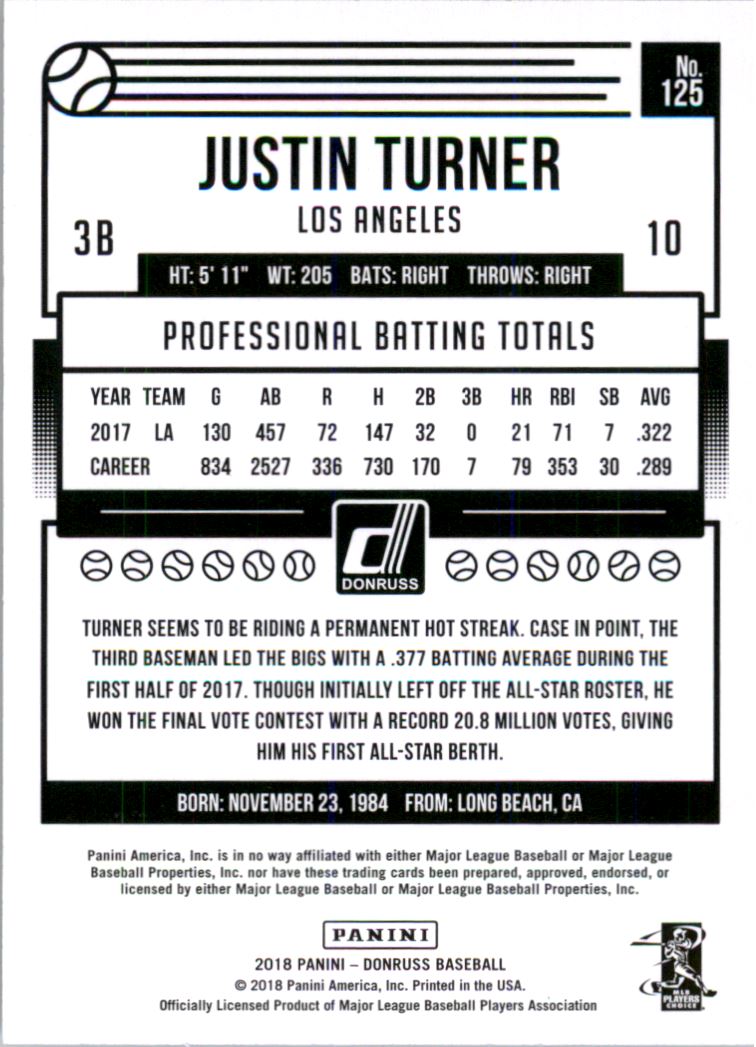 2018 Donruss Career Stat Line #125 Justin Turner/360 back image