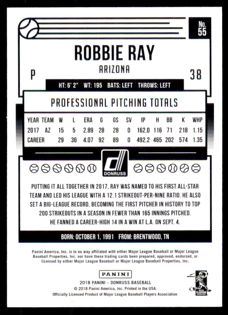 2018 Donruss Gold Press Proof #55 Robbie Ray back image