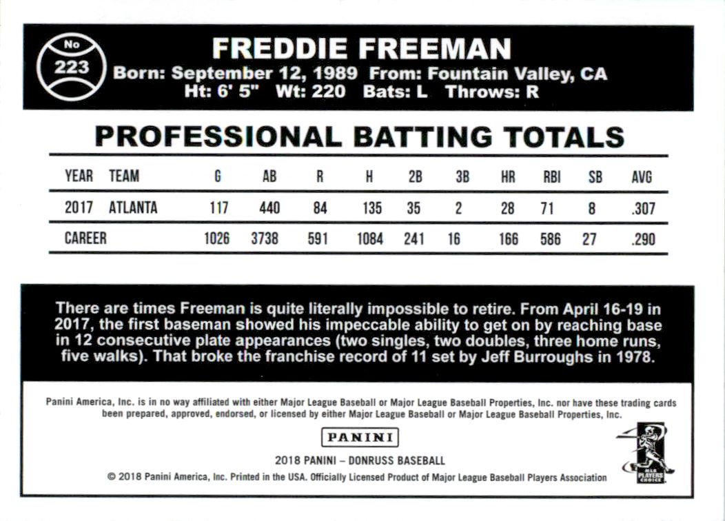 2018 Donruss Season Stat Line #223 Freddie Freeman RETRO/258 back image