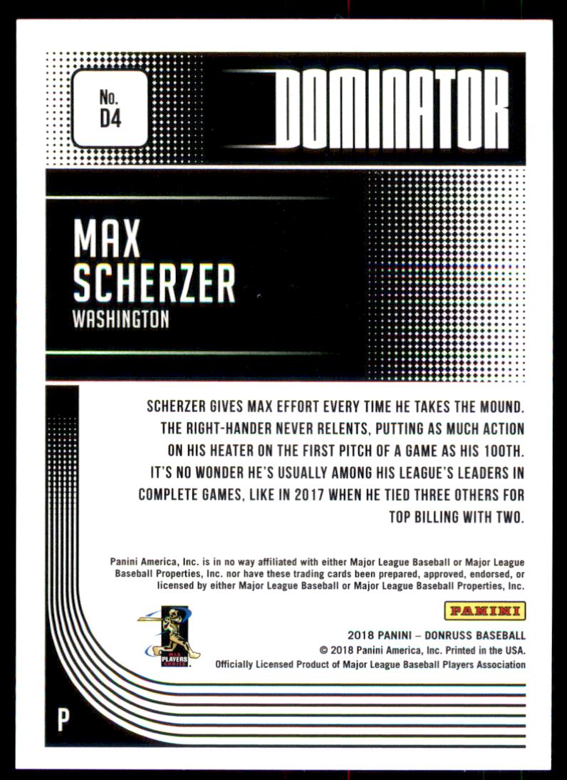 2018 Donruss Dominators Gold #4 Max Scherzer back image