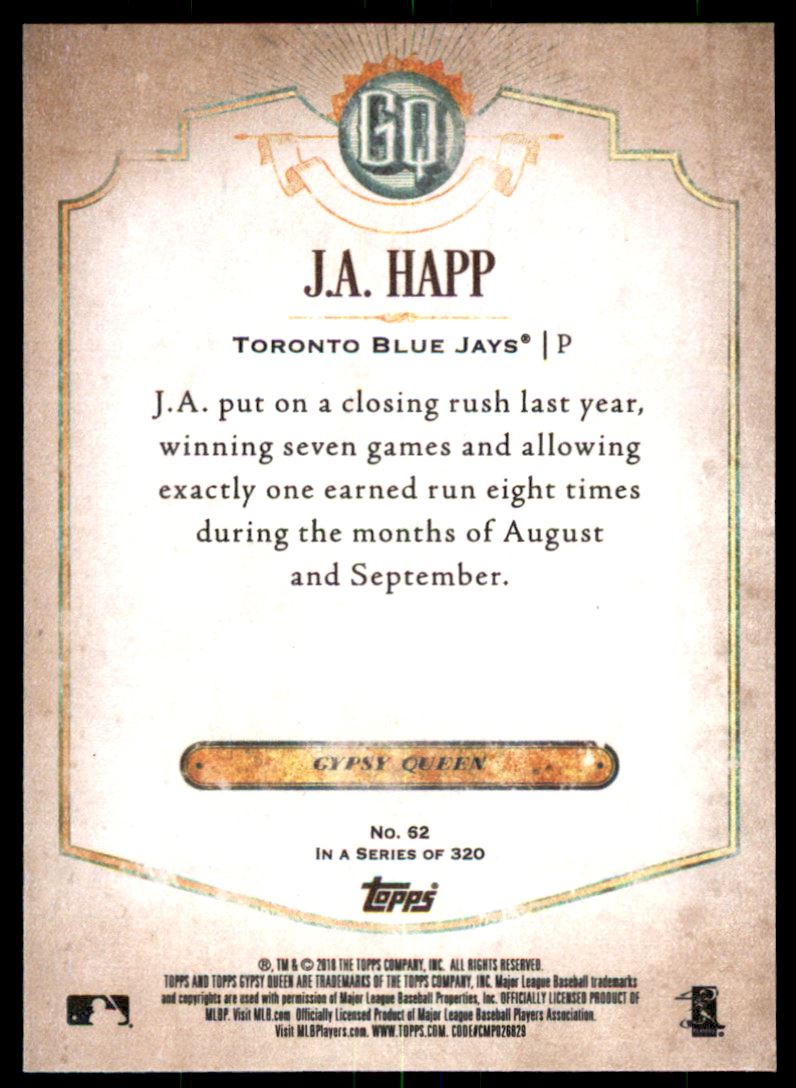 2018 Topps Gypsy Queen #62 J.A. Happ back image