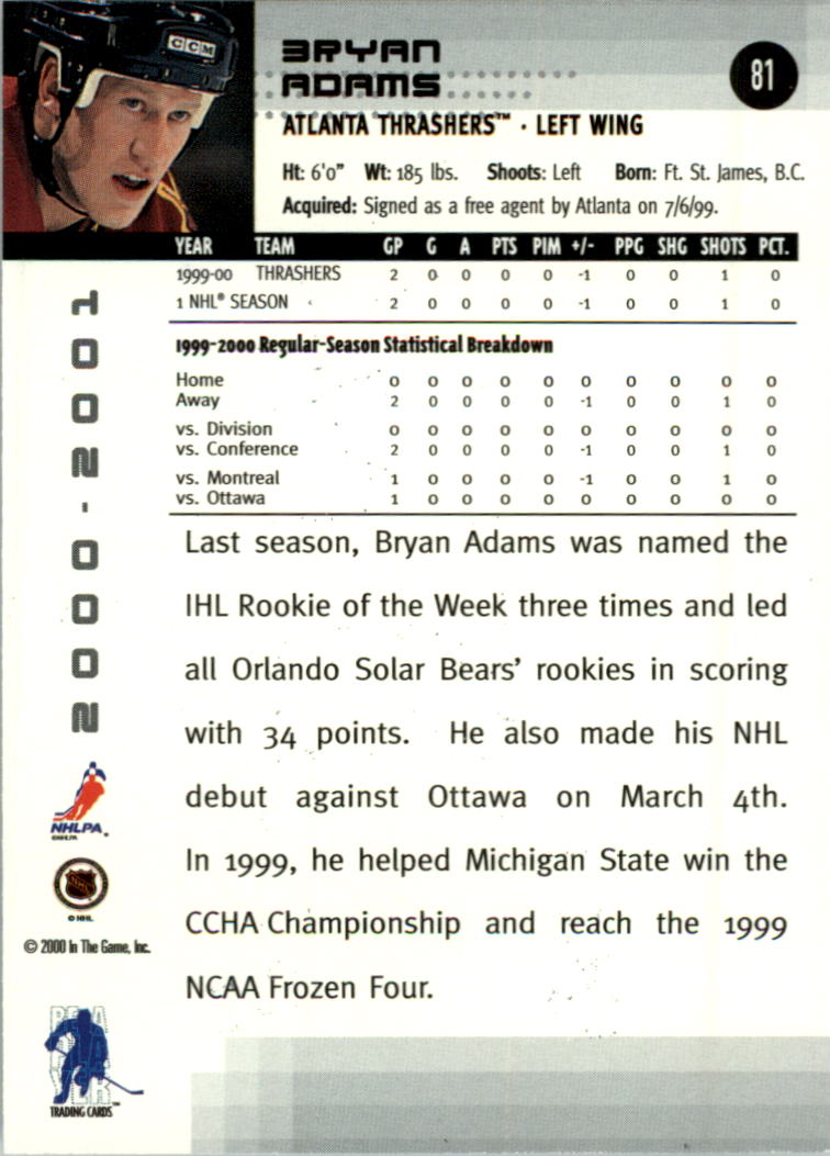 2000-01 BAP Memorabilia #81 Bryan Adams RC back image