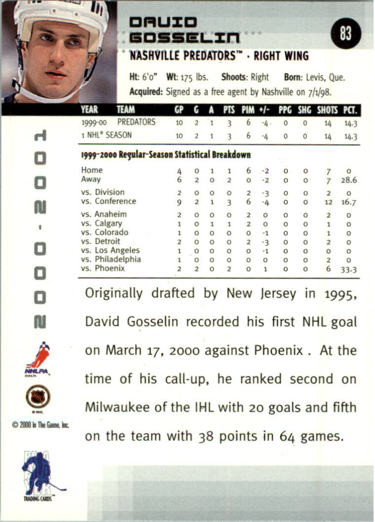 2000-01 BAP Memorabilia #83 David Gosselin RC back image