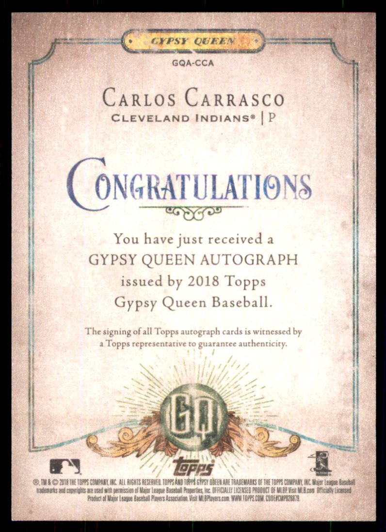 2018 Topps Gypsy Queen Autographs #GQACCA Carlos Carrasco back image