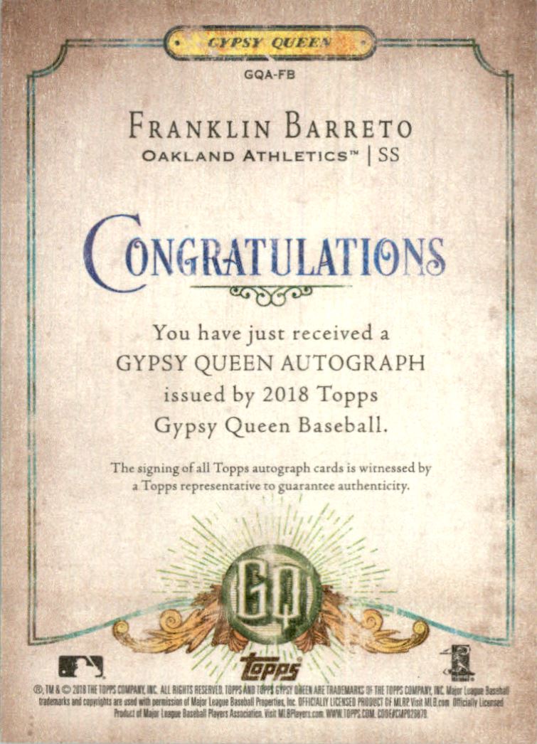 2018 Topps Gypsy Queen Autographs #GQAFB Franklin Barreto back image