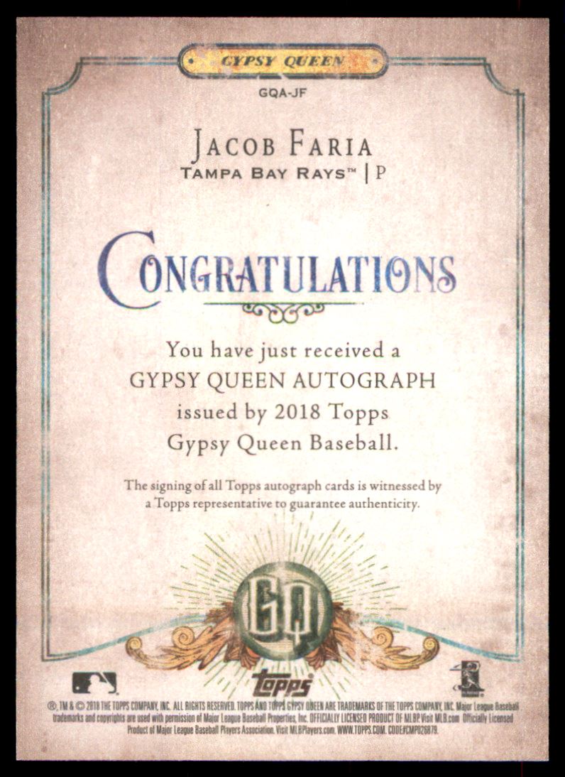 2018 Topps Gypsy Queen Autographs #GQAJF Jacob Faria back image