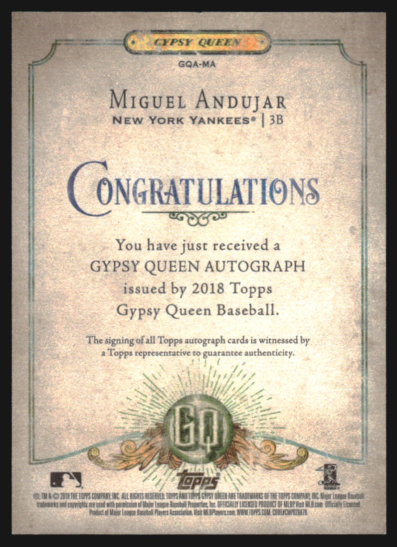 2018 Topps Gypsy Queen Autographs #GQAMA Miguel Andujar back image