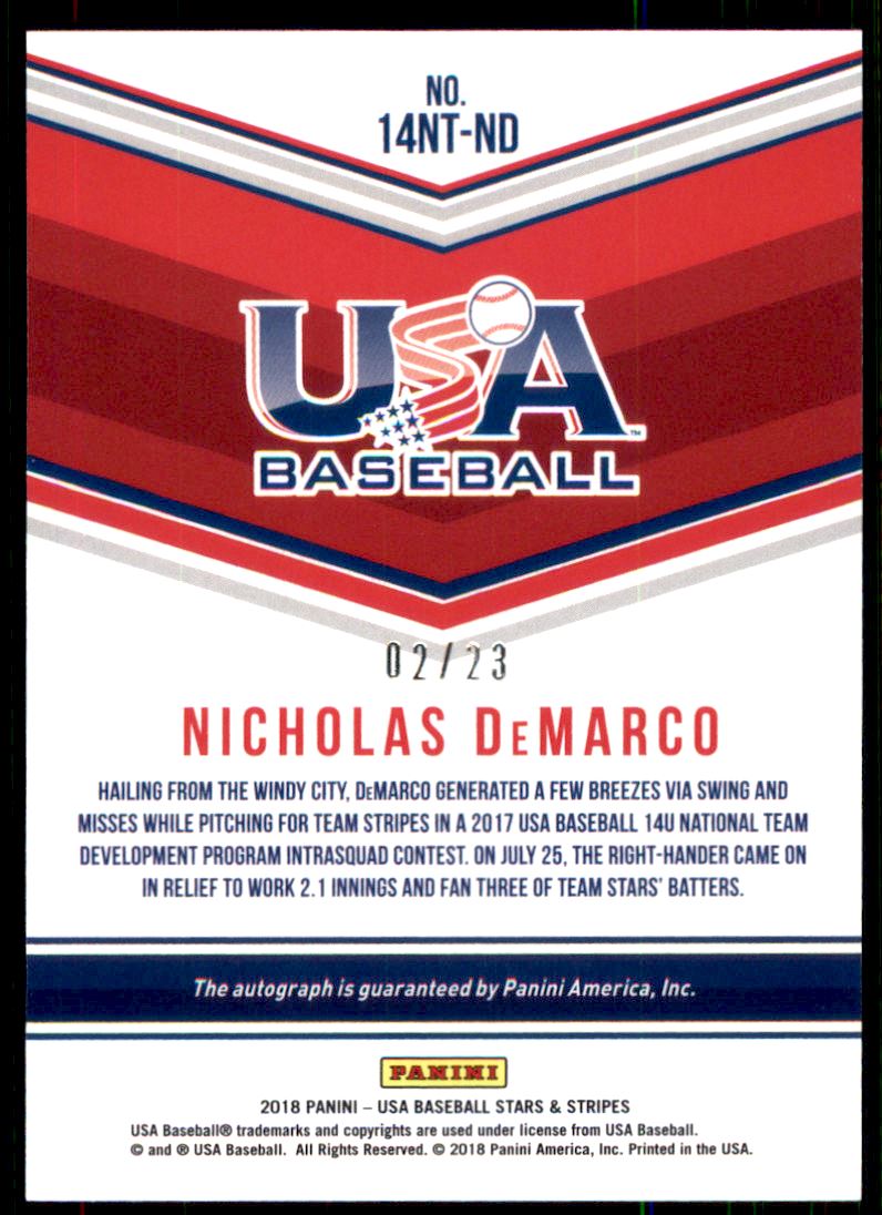2018 USA Baseball Stars and Stripes 14U Signatures Black Ink #24 Nicholas DeMarco/23 back image