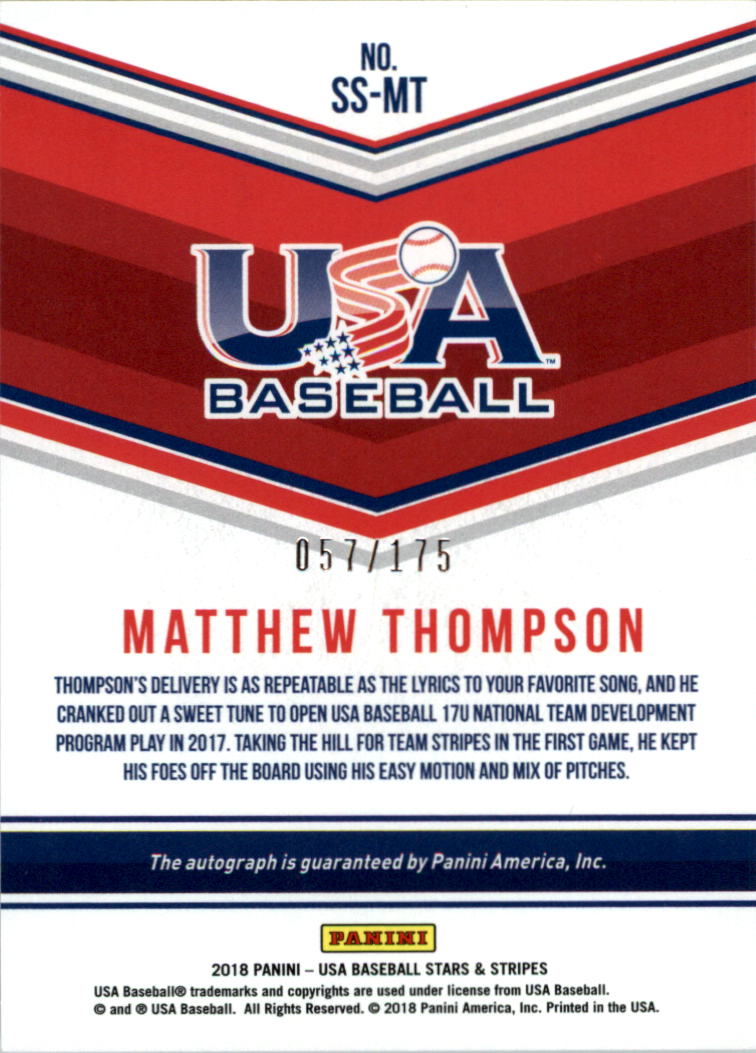 2018 USA Baseball Stars and Stripes 17U Signatures #28 Matthew Thompson/175 back image