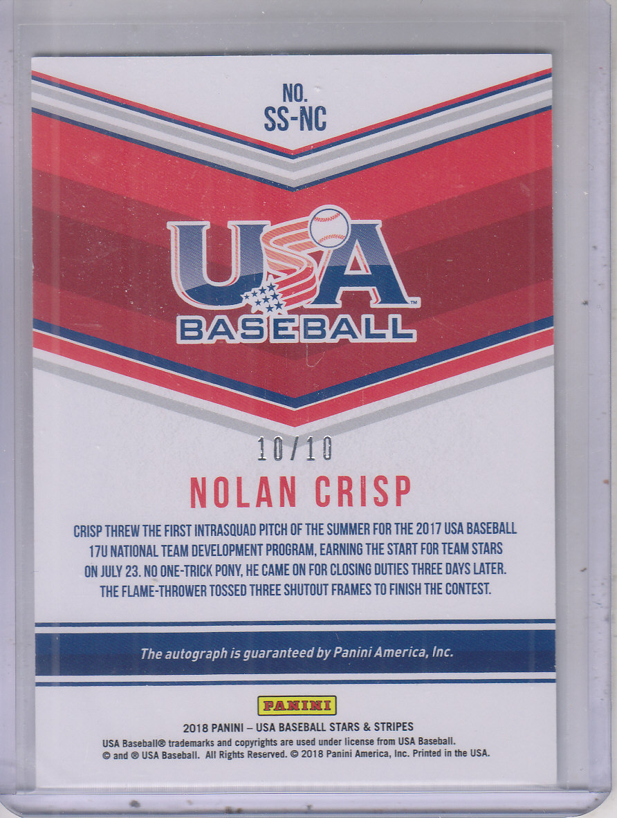 2018 USA Baseball Stars and Stripes 17U Signatures Red Ink #32 Nolan Crisp back image