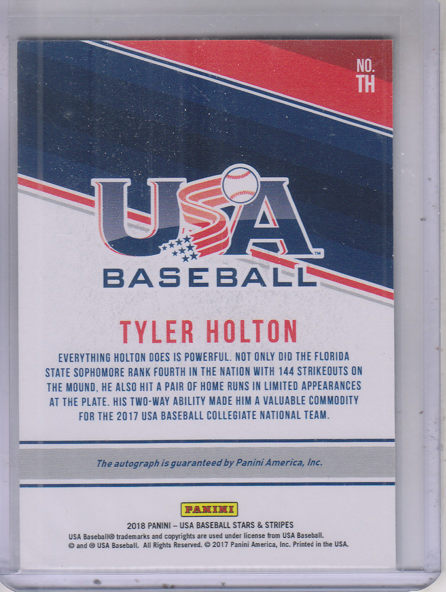2018 USA Baseball Stars and Stripes College Signatures Red Ink #TH Tyler Holton back image