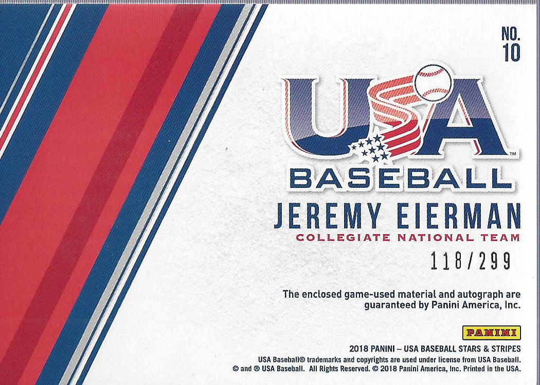 2018 USA Baseball Stars and Stripes Material Signatures #10 Jeremy Eierman/299 back image