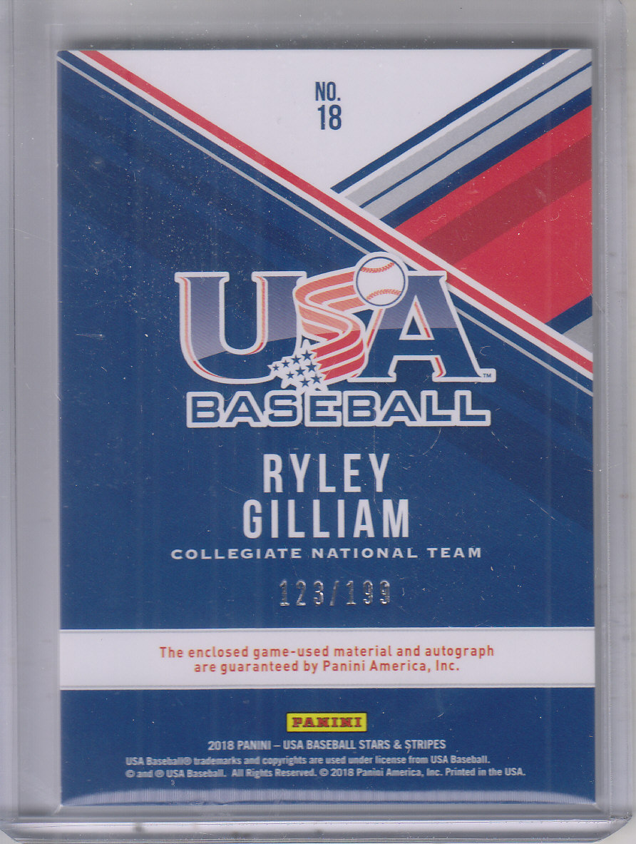 2018 USA Baseball Stars and Stripes Silhouettes Signature Jerseys #18 Ryley Gilliam/199 back image
