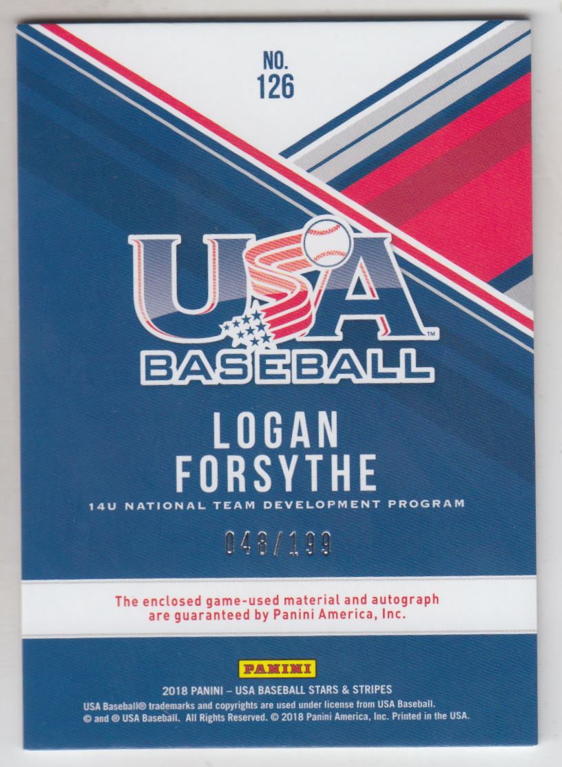 2018 USA Baseball Stars and Stripes Silhouettes Signature Jerseys #126 Logan Forsythe/199 back image