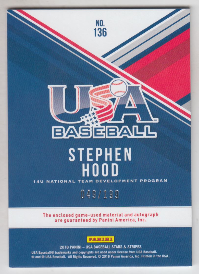 2018 USA Baseball Stars and Stripes Silhouettes Signature Jerseys #136 Stephen Hood/199 back image
