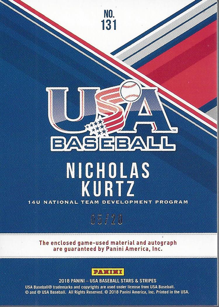 2018 USA Baseball Stars and Stripes Silhouettes Signature Jerseys Prime #131 Nicholas Kurtz/20 back image