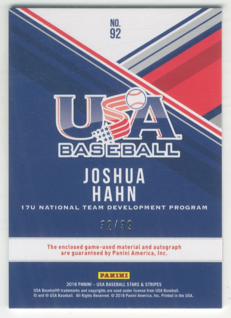 2018 USA Baseball Stars and Stripes Silhouettes Black Gold Signature Jerseys #92 Joshua Hahn/39 back image