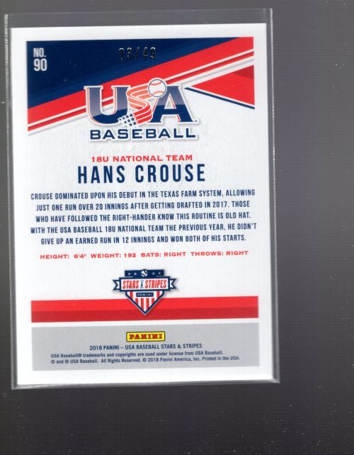 2018 USA Baseball Stars and Stripes Longevity Sapphire #90 Hans Crouse back image