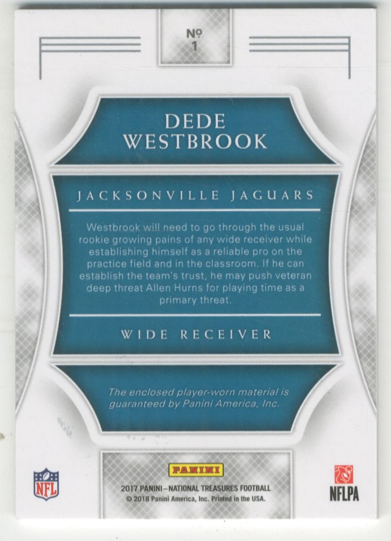2017 Panini National Treasures Rookie Dual Materials Red Jersey Number #1 Dede Westbrook/12 back image
