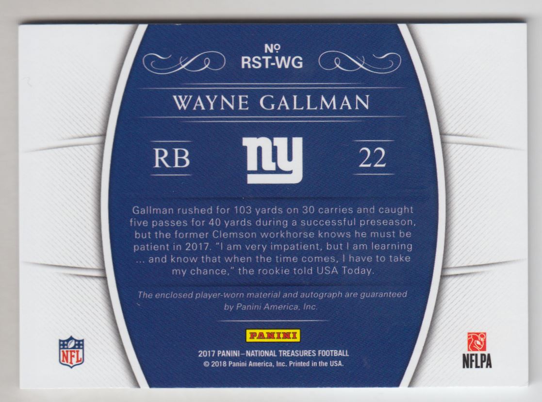 2017 Panini National Treasures Rookie NFL Gear Triple Material Signatures #28 Wayne Gallman/99 back image