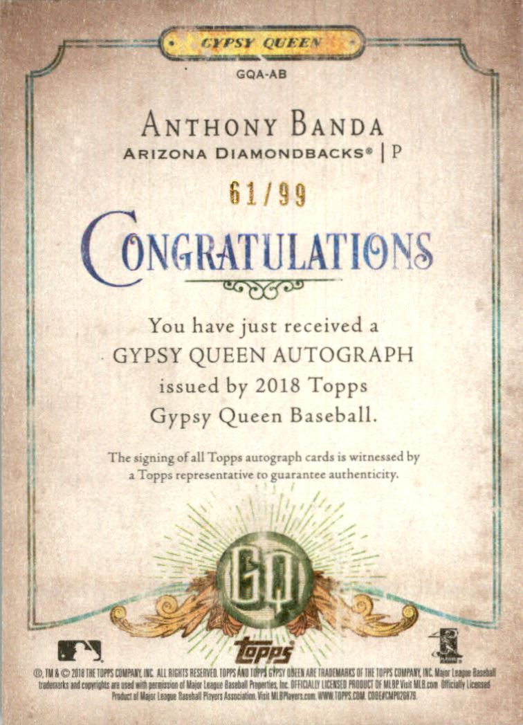 2018 Topps Gypsy Queen Autographs GQ Logo Swap #GQAAB Anthony Banda/99 back image