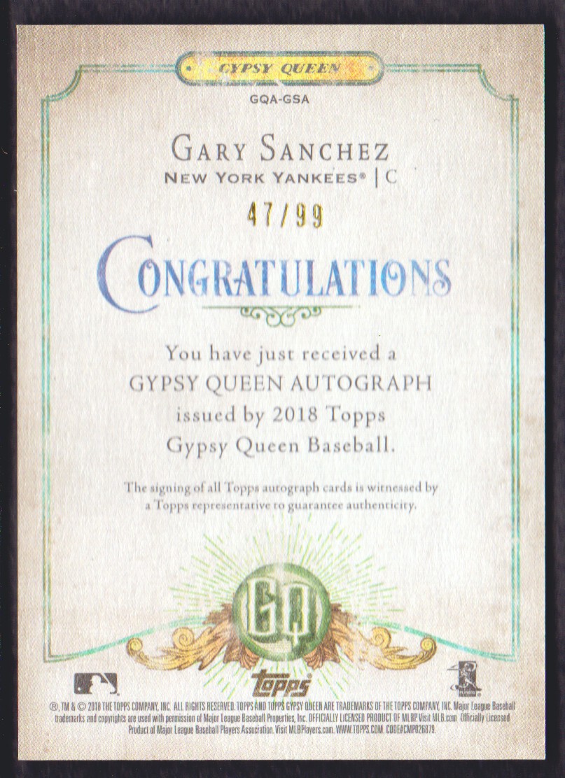 2018 Topps Gypsy Queen Autographs GQ Logo Swap #GQAGSA Gary Sanchez/99 back image