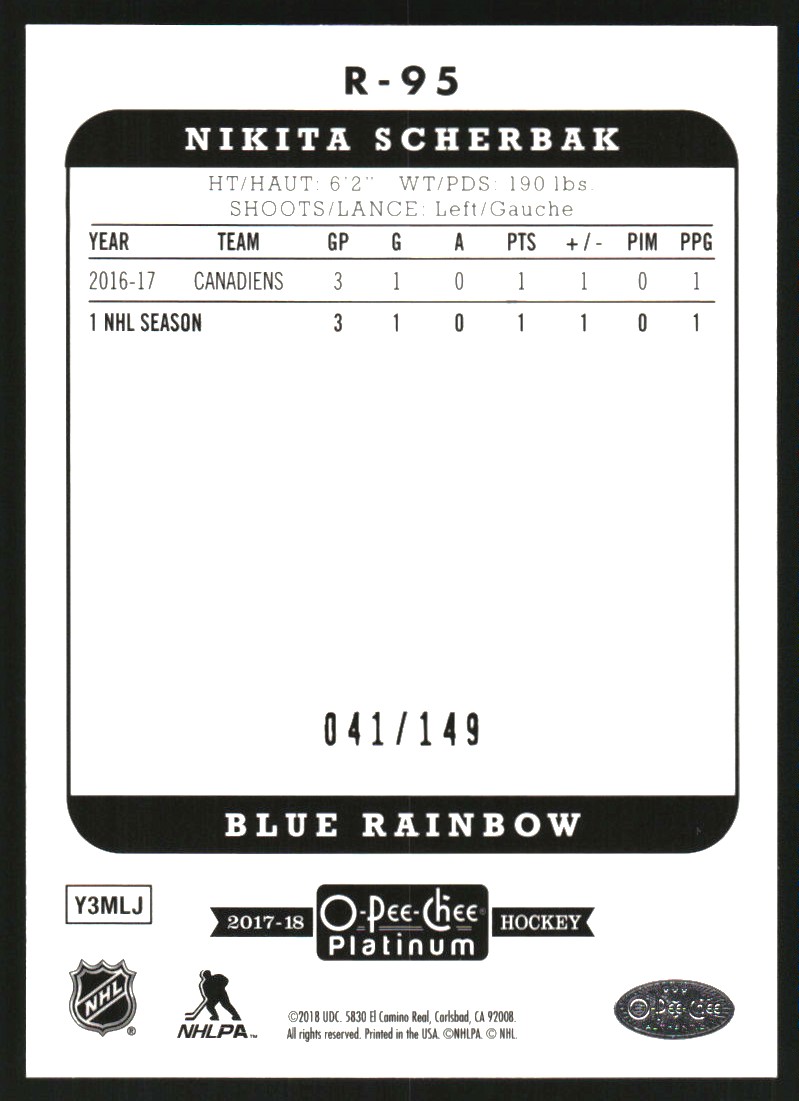 2017-18 O-Pee-Chee Platinum Retro Rainbow Blue #R95 Nikita Scherbak back image