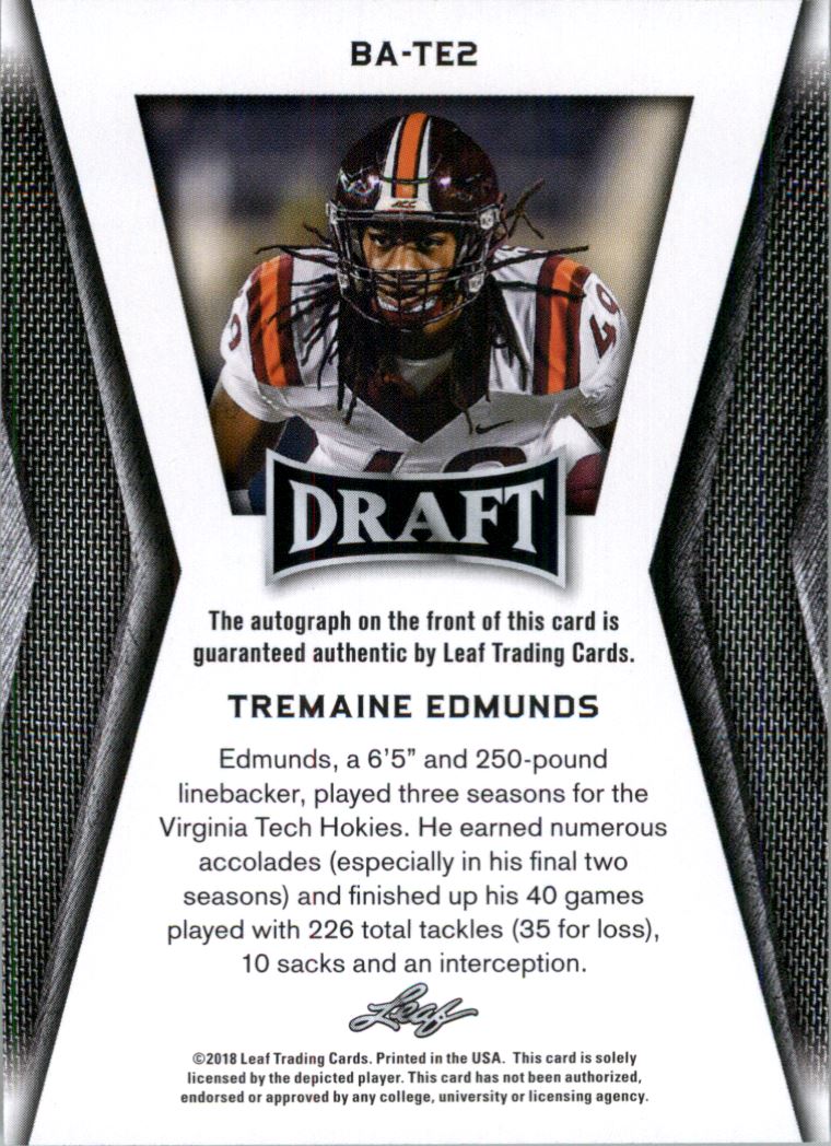 2018 Leaf Draft Autographs #BATE2 Tremaine Edmunds - NM-MT