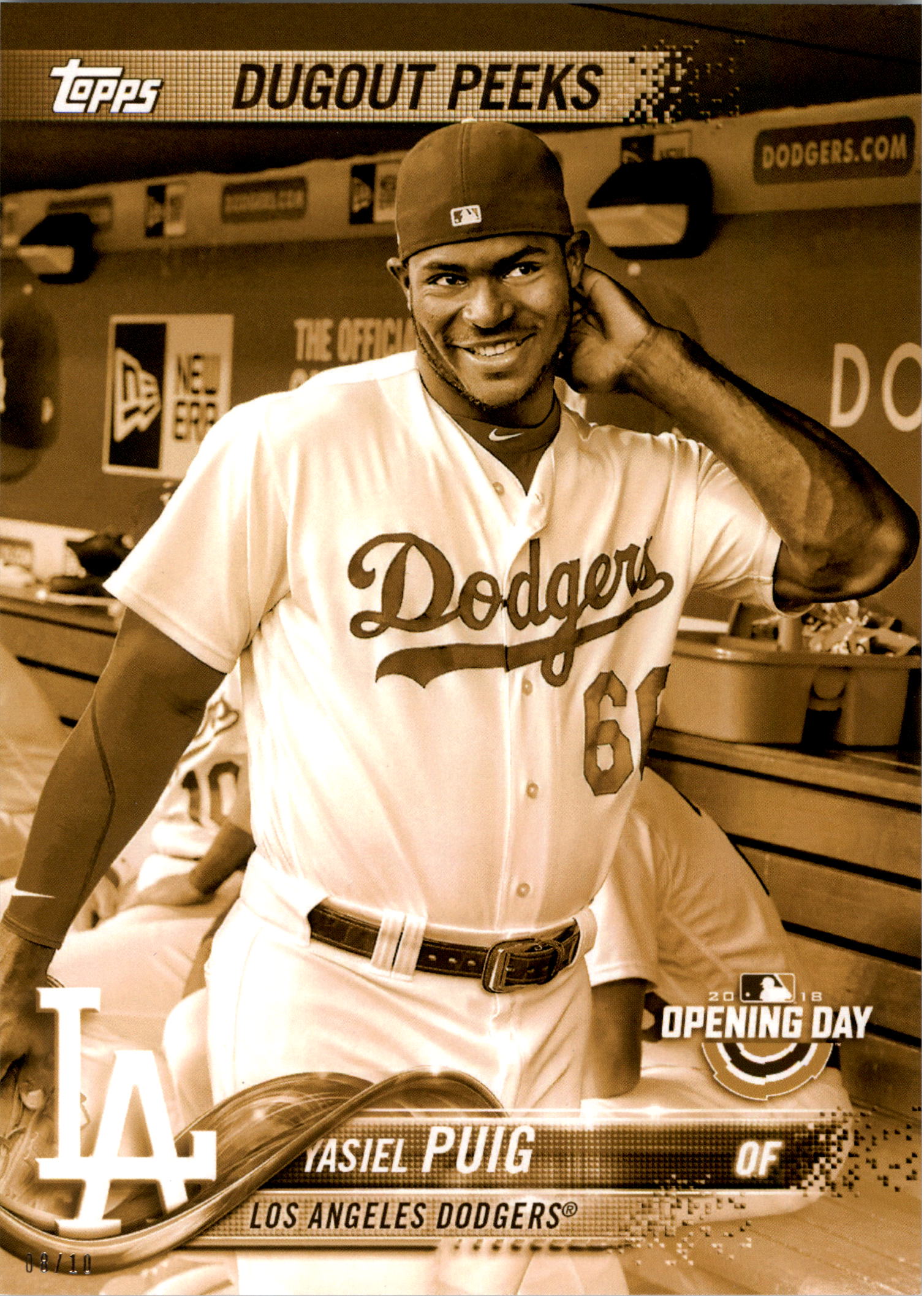 2018 Topps Opening Day 5x7 Dugout Peeks Gold #DPYP Yasiel Puig