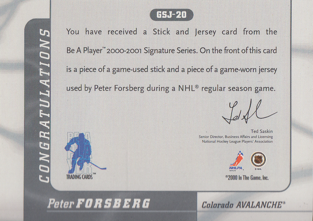 2000-01 BAP Signature Series Jersey and Stick #GSJ20 Peter Forsberg back image