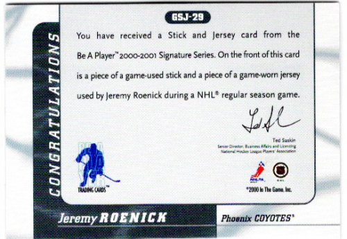 2000-01 BAP Signature Series Jersey and Stick #GSJ29 Jeremy Roenick back image