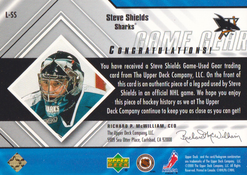 2000-01 Black Diamond Game Gear #LSS Steve Shields Pad back image