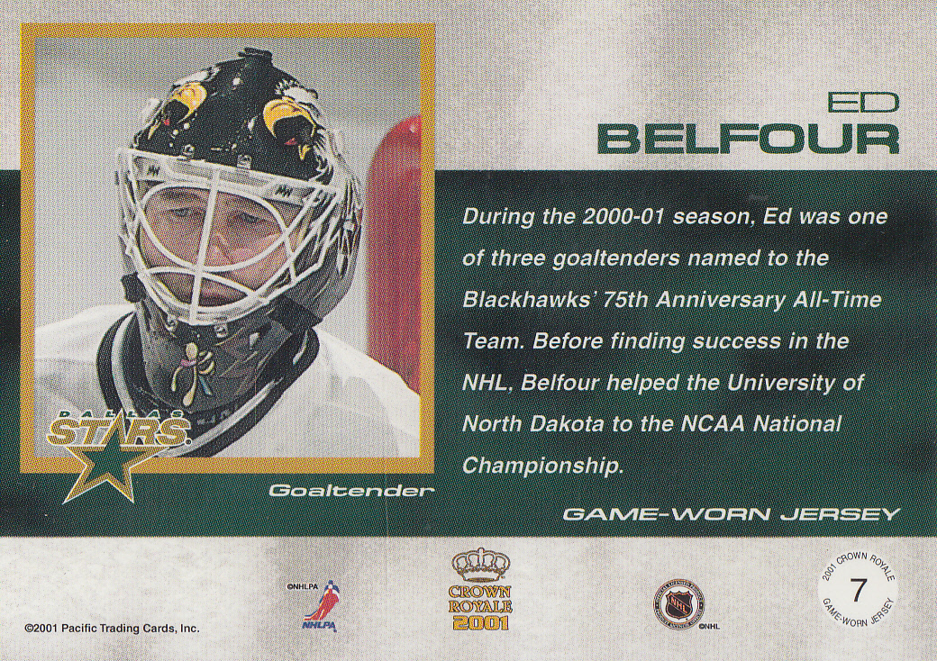 2000-01 Crown Royale Game-Worn Jersey Patches #7 Ed Belfour/145 back image