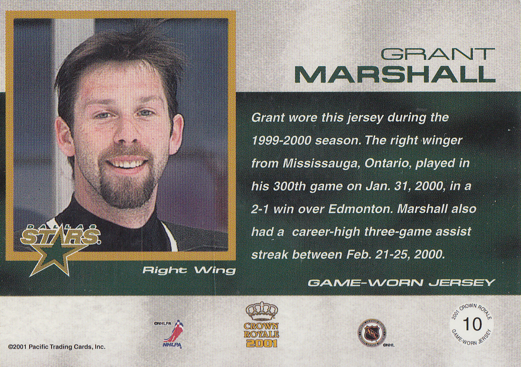 2000-01 Crown Royale Game-Worn Jersey Patches #10 Grant Marshall/144 back image