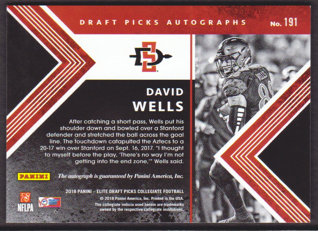 2018 Elite Draft Picks Draft Picks Autographs #191 David Wells back image
