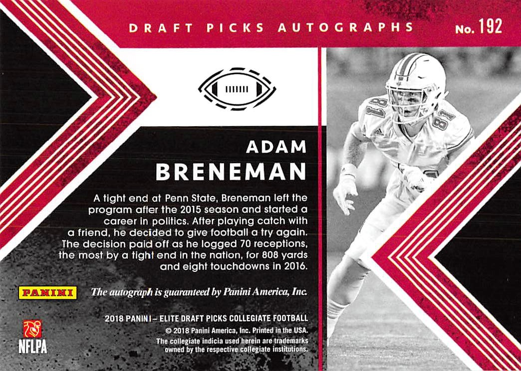 2018 Elite Draft Picks Draft Picks Autographs #192 Adam Breneman back image