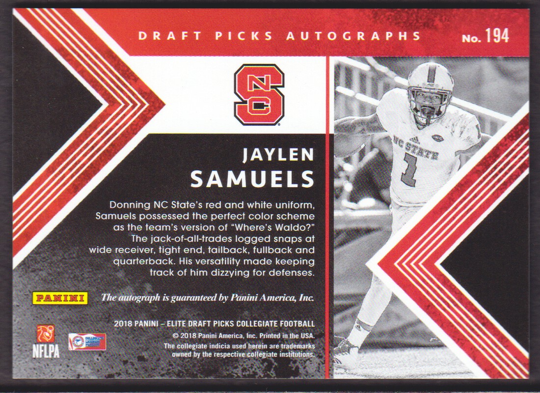 2018 Elite Draft Picks Draft Picks Autographs #194 Jaylen Samuels back image