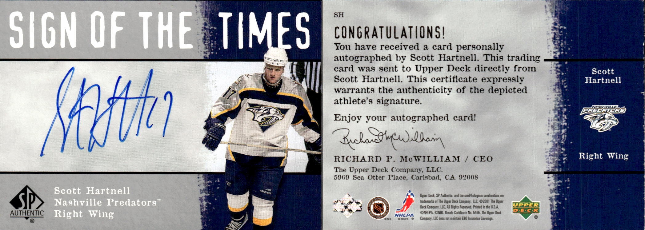2000-01 SP Authentic Sign of the Times #SH Scott Hartnell